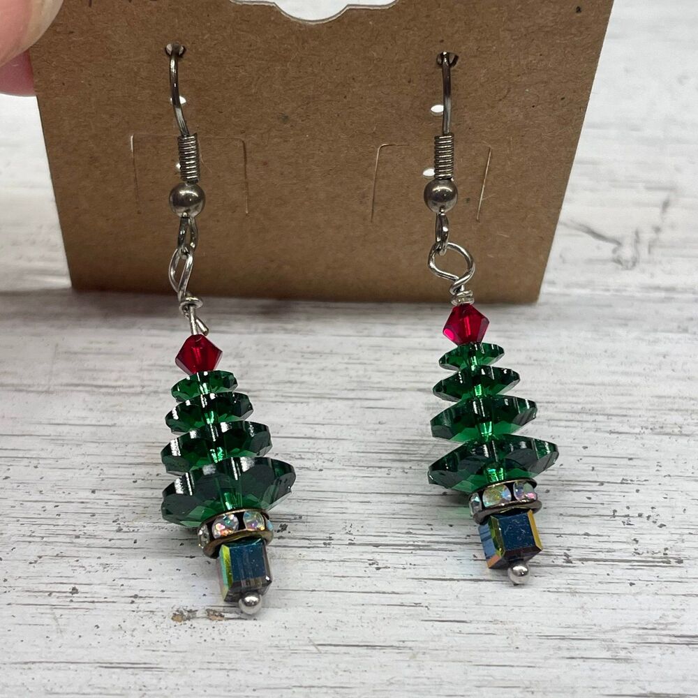 Handmade Crystal Christmas Tree Earrings - Dangle Holiday Jewelry
